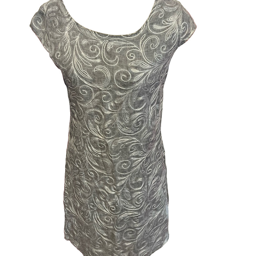 Lina Tomei/gray Linen women dress/ with pockets Gray Swirl Pattern Dress S